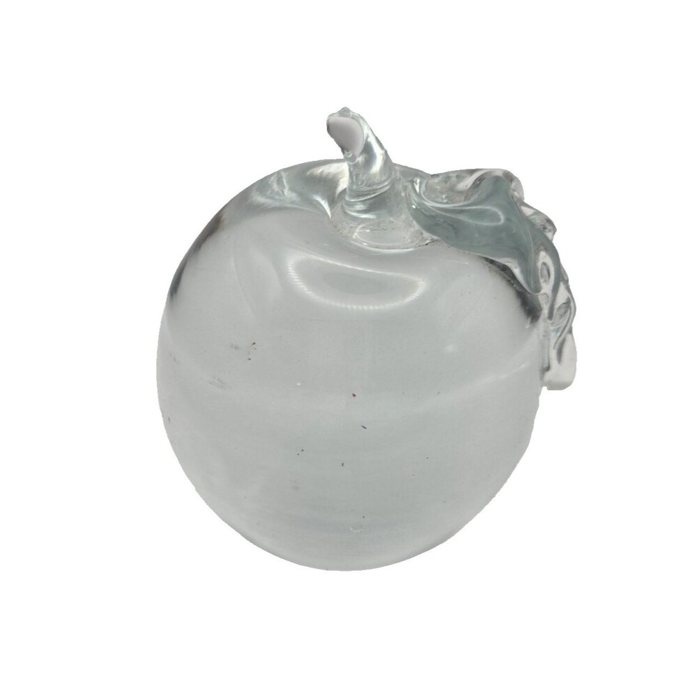 VTG Art Glass Apple Paperweight Clear with Stem  SIGNED GW 4 Inches